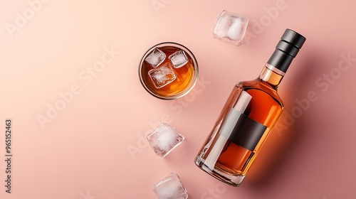 Whiskey and Ice on Pink Background