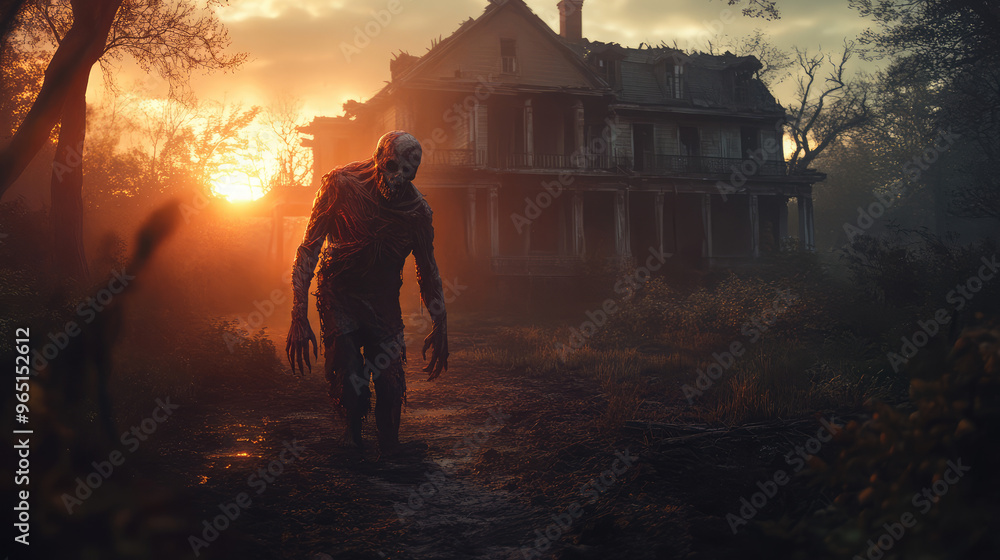 Fototapeta premium A zombie man is walking through a forest near a house