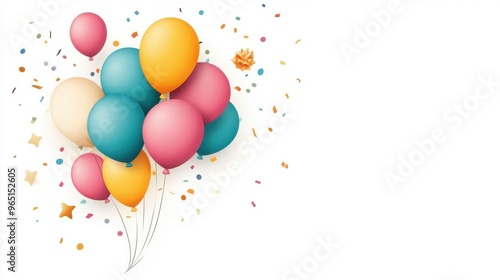 Colorful balloons and confetti on a white background, perfect for celebrations, parties, and festive occasions.