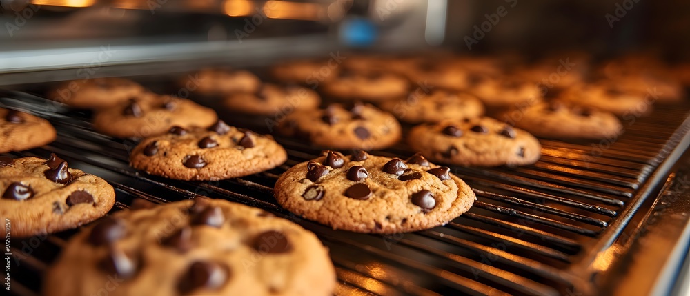 Freshly Baked Chocolate Chip Cookies on Baking Rack Freshly Baked Chocolate Chip Cookies on Baking Rack