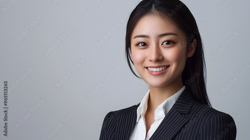 Confident Japanese Businesswoman Smiles in Classic Pinstripe Suit Confident Japanese Businesswoman Smiles in Classic Pinstripe Suit