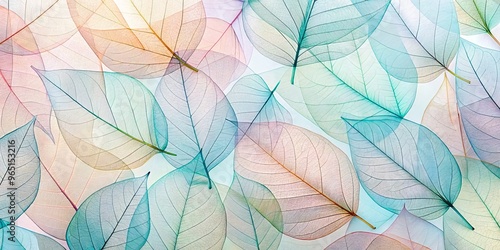 Delicate Translucent Leaves, Teal and Peach Hues, Close-Up, Nature, Floral Design, Botanical, Texture