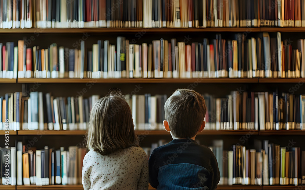 A back view of two kids sitting in front of a giant bookshelf A back view of two kids sitting in front of a giant bookshelf