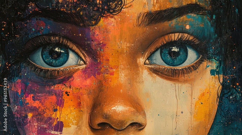 Vibrant portrait of a person with striking blue eyes and colorful details. Vibrant portrait of a person with striking blue eyes and colorful details.