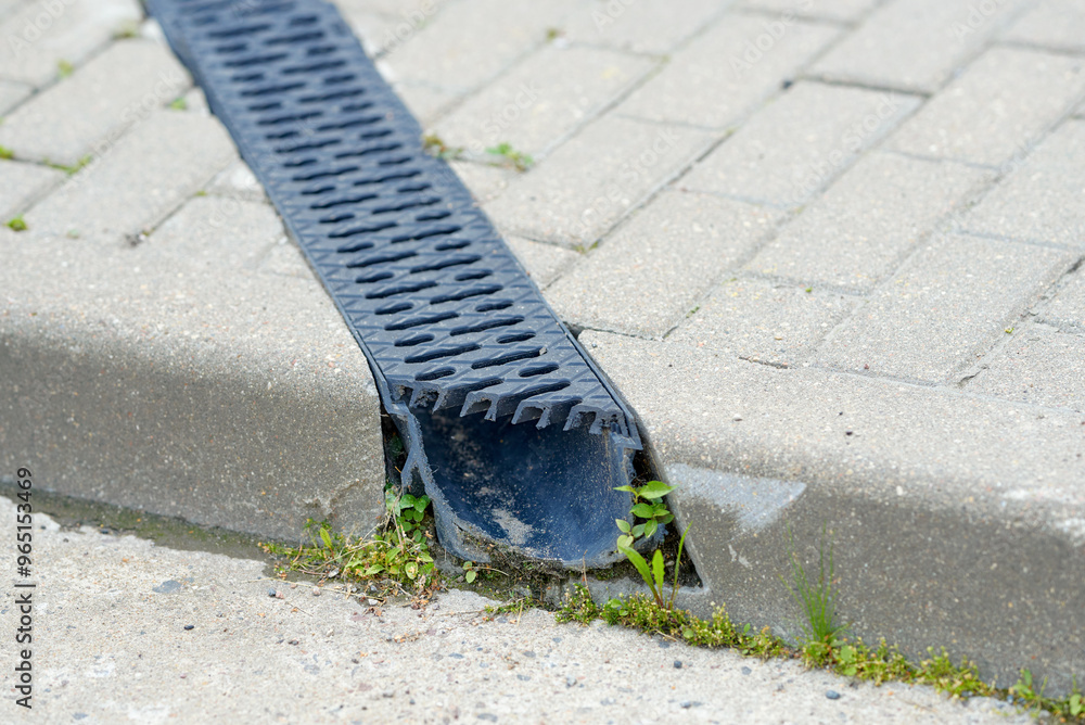 Trench drain with plastic grate installed on sidewalk, flood prevention. Channel drain system integrated into road paving. Urban storm drainage systems.