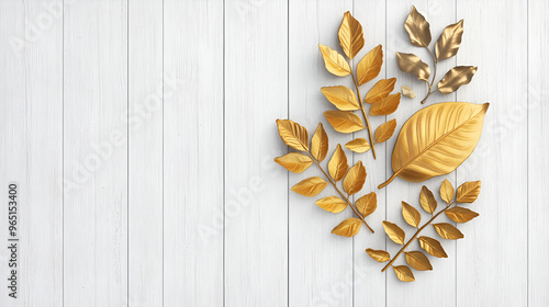 golden leaves on a white wooden background 3d illustration Ai generative