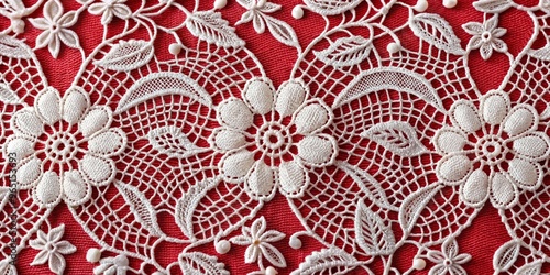 Delicate White Lace on Red Fabric, Close Up, Macro Photography, Texture, Vintage Lace, Crochet, Lacework