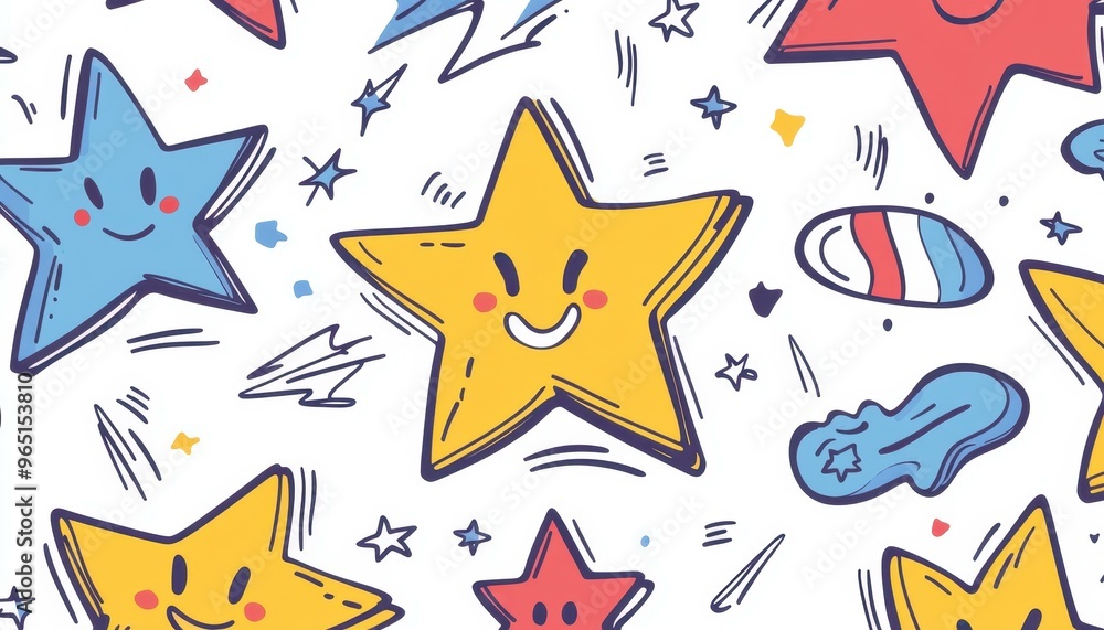 Naklejka premium Explore a fun pattern of doodles filled with charming stars, zany lightning bolts, and cheerful smiley faces on a bright canvas.