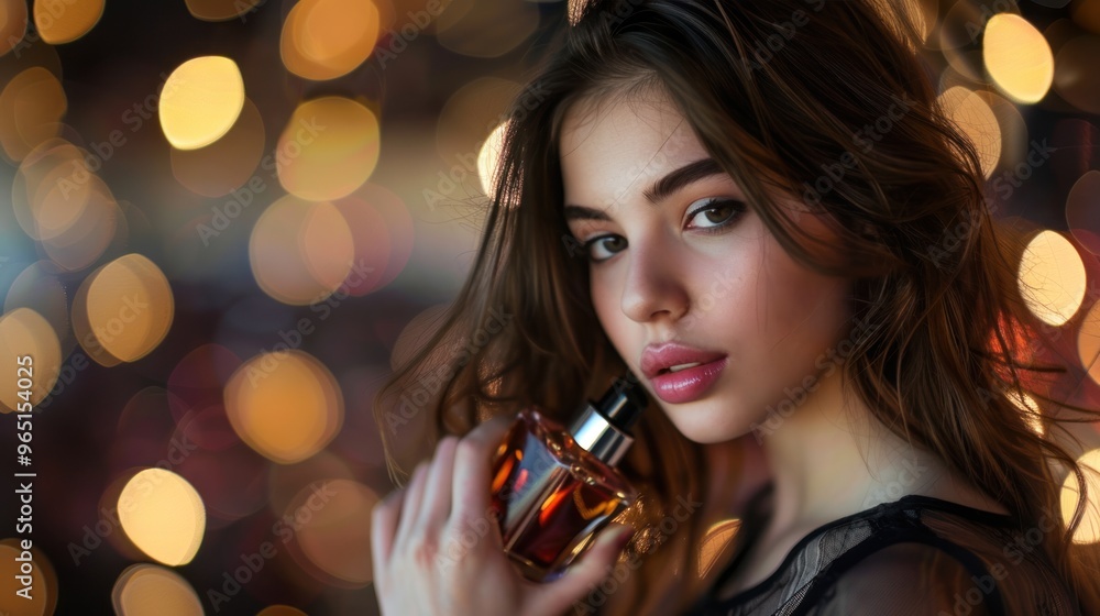 A beautiful young woman holds a perfume spray. Woman holding a perfume bottle A beautiful young woman holds a perfume spray. Woman holding a perfume bottle