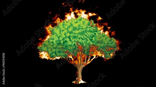Burning Cartoon Tree. Fire Effect Animation on Transparent Background Isolated 4K Video. Visual Effects and Motion Graphics Element.