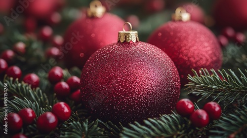 Shiny red Christmas ornaments resting on fresh evergreen branches with berries during the festive holiday season