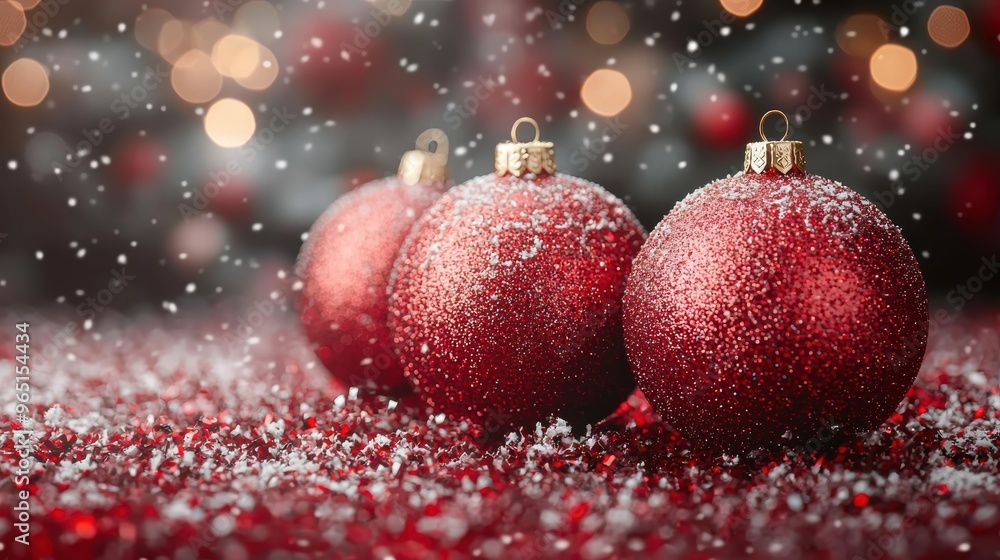 Sparkling red Christmas ornaments on snowy ground with festive lights in the background during winter holiday season Sparkling red Christmas ornaments on snowy ground with festive lights in the background during winter holiday season