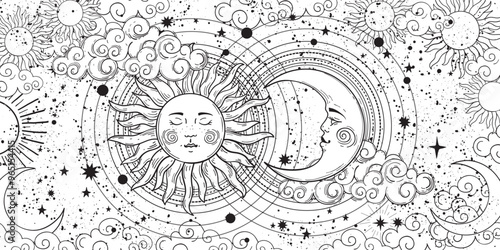 Beautiful sky coloring book for adults with sun and moon, line drawing, horoscope vector banner, print for vintage decor. Modern illustration on white background.