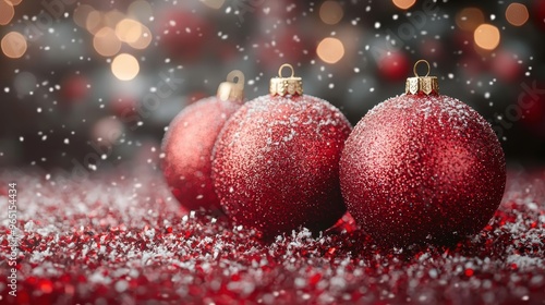 Sparkling red Christmas ornaments on snowy ground with festive lights in the background during winter holiday season