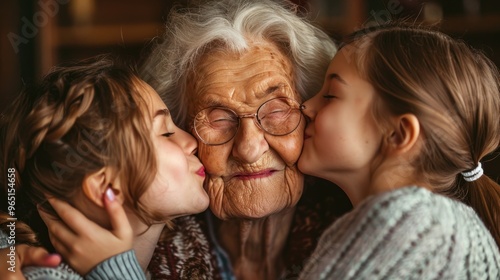 Photo of a grandmother smiling happily while her adorable daughter and granddaughter kiss her warmly.