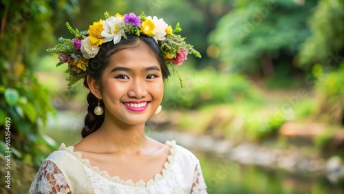 A vibrant Philippine beauty, sporting a flowing Filipiniana dress and an intricately woven flower crown, radiates joy photo