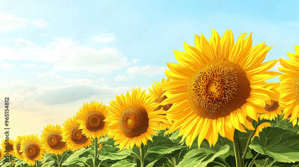 In the countryside, sunflowers stand tall and bright under the warm sunlight, creating a cheerful atmosphere as harvest season begins, copy space In the countryside, sunflowers stand tall and bright under the warm sunlight, creating a cheerful atmosphere as harvest season begins, copy space