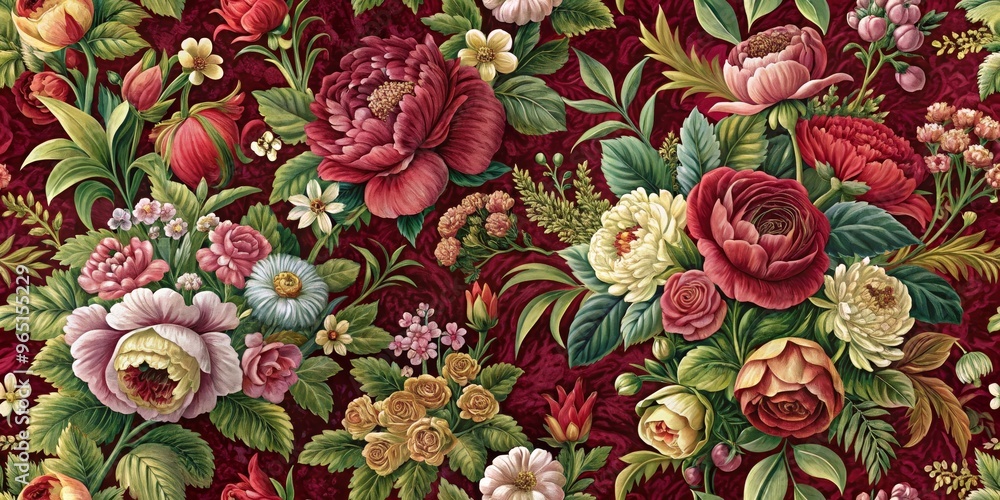 Floral Tapestry A Lush Arrangement of Peonies, Roses, and Foliage on a Crimson Background, Floral Design, Fabric Design, Tapestry Art Floral Tapestry A Lush Arrangement of Peonies, Roses, and Foliage on a Crimson Background, Floral Design, Fabric Design, Tapestry Art