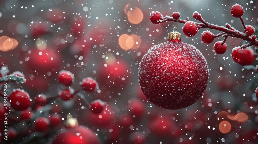 Red Christmas ornament hanging from a snowy branch with sparkling lights during a festive winter season Red Christmas ornament hanging from a snowy branch with sparkling lights during a festive winter season