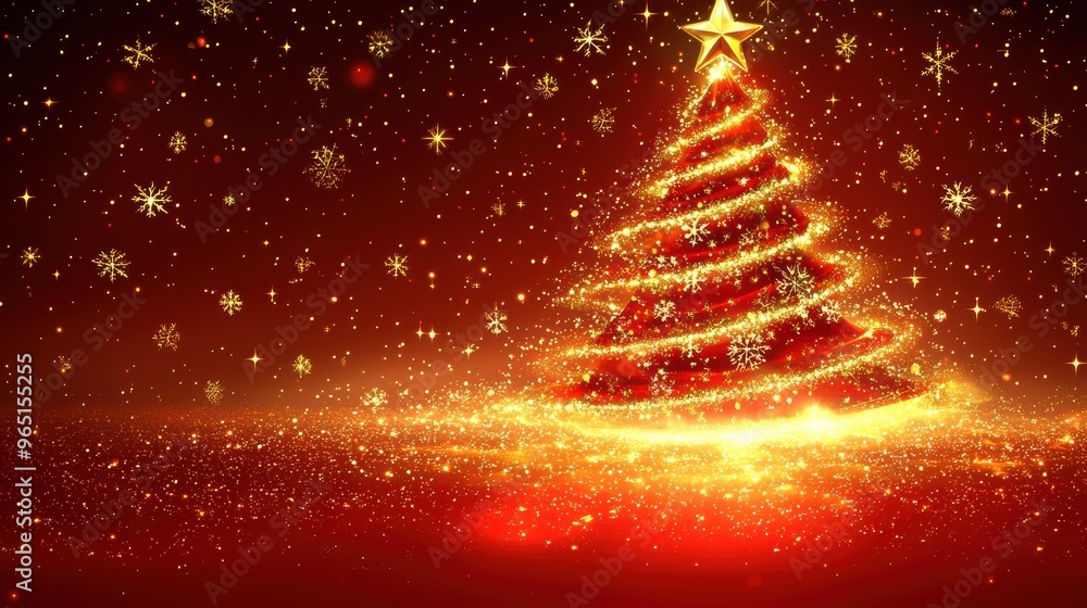A festive Christmas tree adorned with twinkling lights and gold sparkles, set against a rich red background celebrating the holiday season A festive Christmas tree adorned with twinkling lights and gold sparkles, set against a rich red background celebrating the holiday season