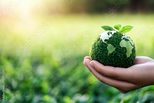 A hand holding a green globe with leaves on it. The globe is surrounded by grass and the image conveys a sense of environmental awareness and the importance of taking care of the planet