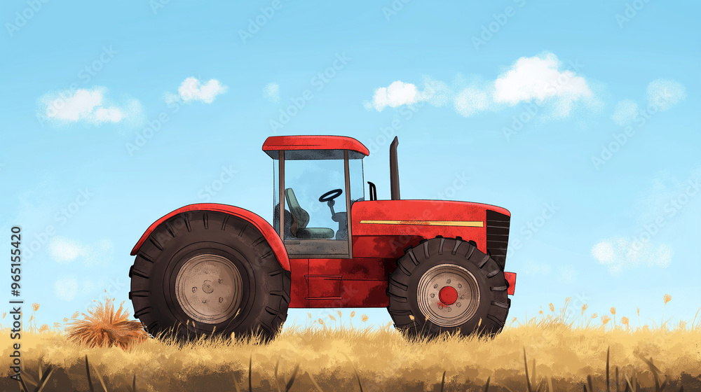 The vibrant red tractor works diligently in a golden field, collecting crops under a sunlit sky dotted with fluffy clouds in the fall, copy space The vibrant red tractor works diligently in a golden field, collecting crops under a sunlit sky dotted with fluffy clouds in the fall, copy space