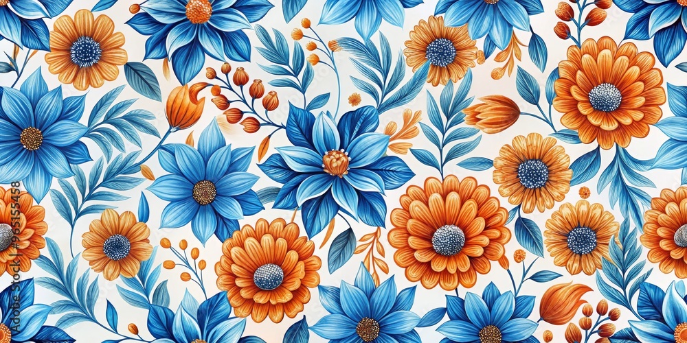 Floral Tapestry with Orange and Blue Flowers on White Background, Digital Art, Seamless Pattern, Watercolor Painting, Illustration, Texture, Botanical Floral Tapestry with Orange and Blue Flowers on White Background, Digital Art, Seamless Pattern, Watercolor Painting, Illustration, Texture, Botanical