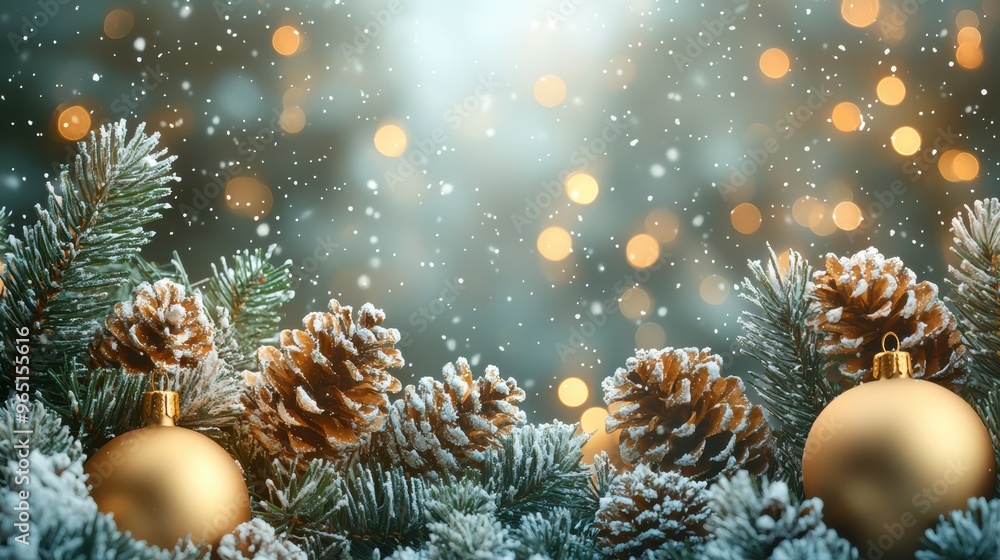 Snowy Christmas decorations with golden ornaments and pinecones in a winter wonderland atmosphere Snowy Christmas decorations with golden ornaments and pinecones in a winter wonderland atmosphere