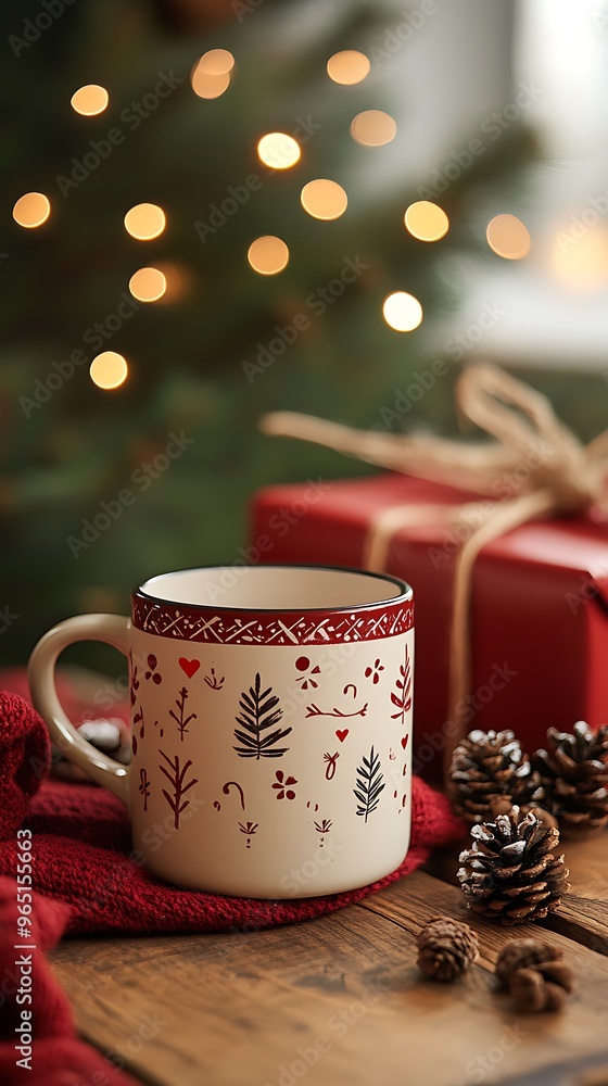 Cozy Winter Mug with Festive Designs on Wooden Table Cozy Winter Mug with Festive Designs on Wooden Table