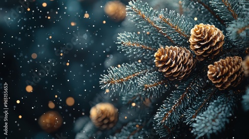 Snow gently falling on pine branches adorned with pine cones during a serene winter evening