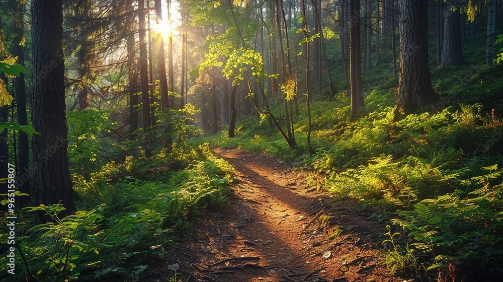 Obraz premium A forest path is illuminated by the sun