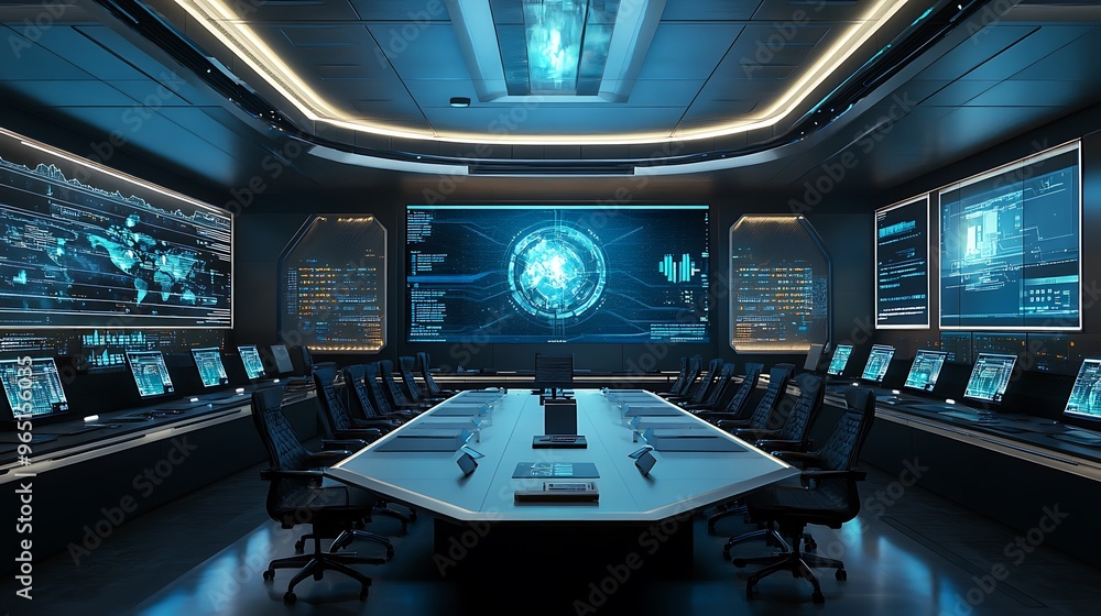 Futuristic Control Room with Global Monitoring Futuristic Control Room with Global Monitoring
