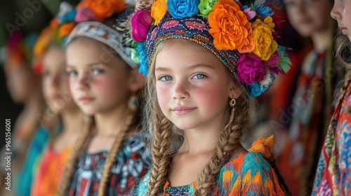 Young girls in colorful traditional attire with floral headpieces.