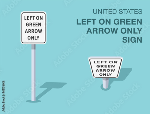 Traffic regulation rules. Isolated United States "left on green arrow only" road sign. Front and top view. Flat vector illustration template.