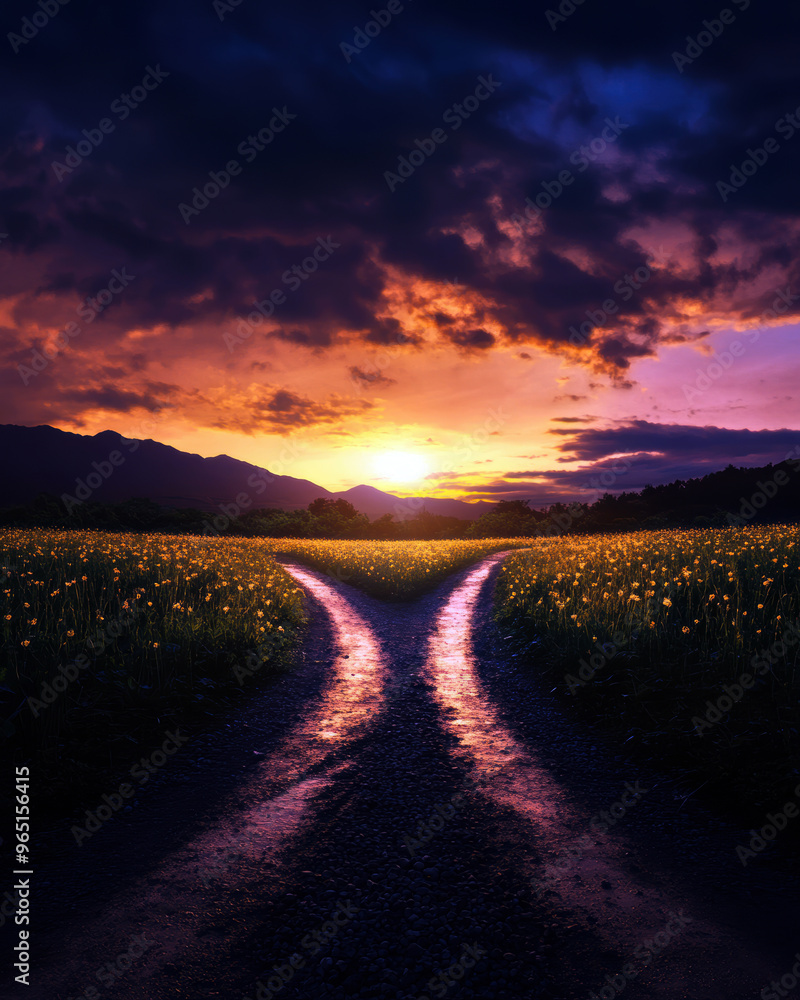 A road with two paths, one of which is a dirt road. The sky is dark and cloudy, and the sun is setting A road with two paths, one of which is a dirt road. The sky is dark and cloudy, and the sun is setting