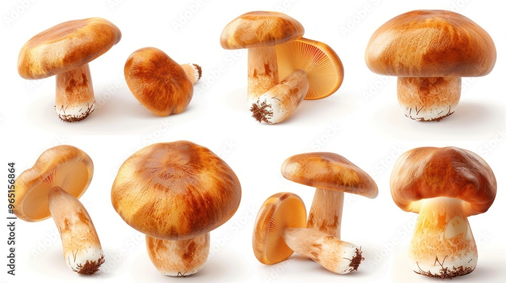 Set of brown cremini mushrooms. 3D realistic icons isolated on white background. Set of brown cremini mushrooms. 3D realistic icons isolated on white background.