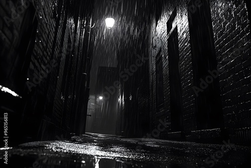 Rain-soaked film noir alleyway with a single, dim streetlamp