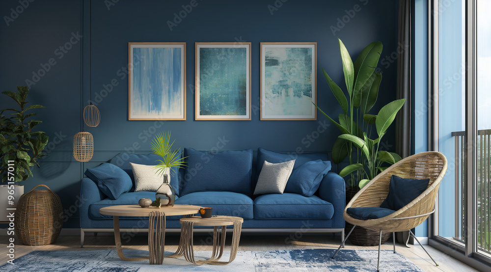 Fototapeta premium living room with a window, modern living room with sofa, living room interior, modern living room, living room showcasing a blue sofa set against a navy blue wall, adorned with pieces of art
