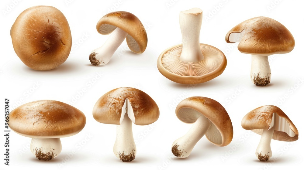 Set of brown cremini mushrooms. 3D realistic icons isolated on white background. Set of brown cremini mushrooms. 3D realistic icons isolated on white background.