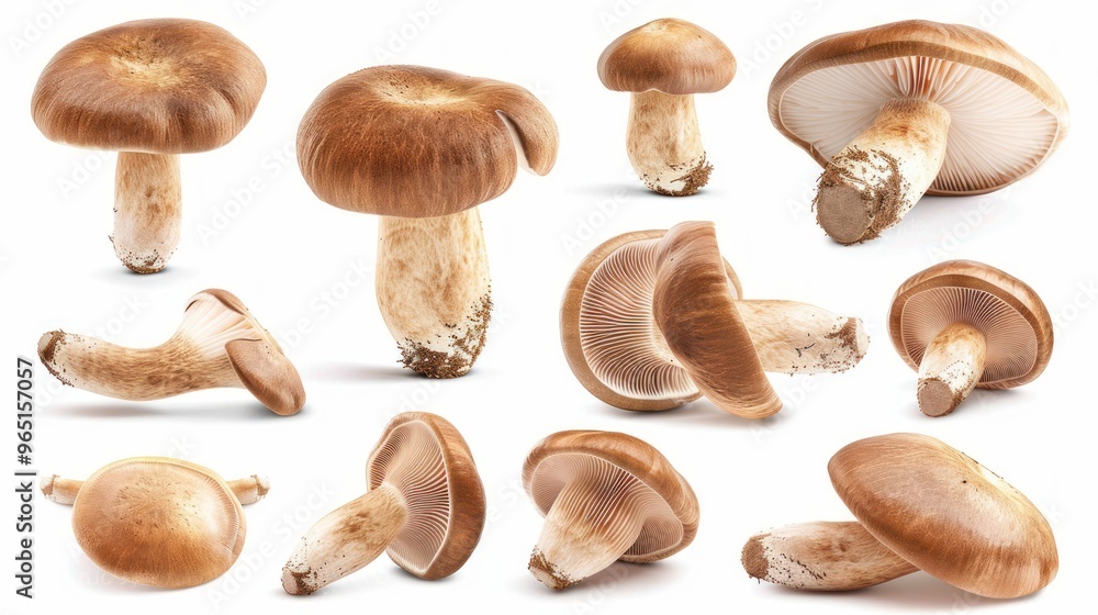 Set of brown cremini mushrooms. 3D realistic icons isolated on white background. Set of brown cremini mushrooms. 3D realistic icons isolated on white background.