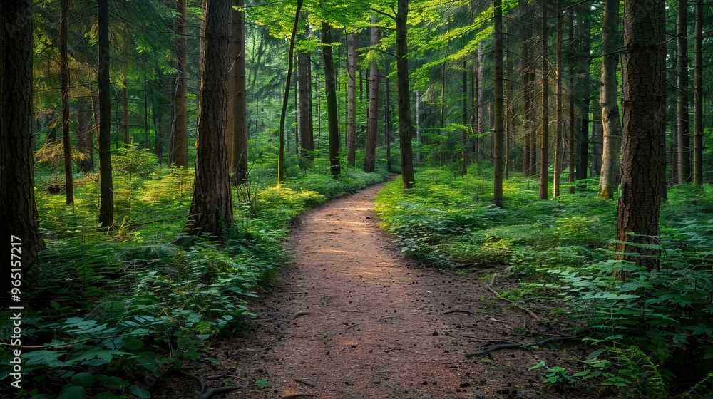 Obraz premium A path through a forest with trees on either side
