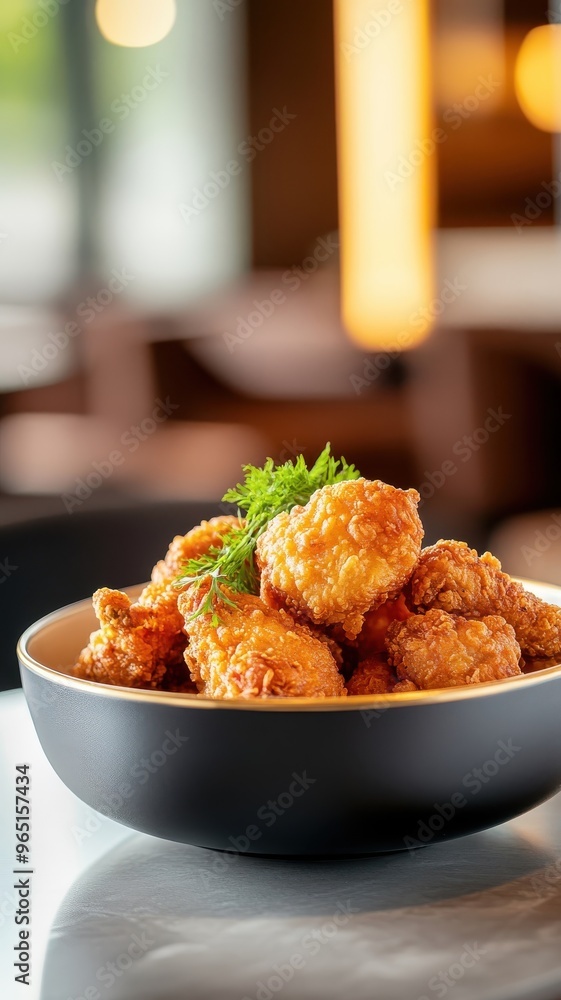 Chrome podium with golden detailing, featuring crispy fried chicken with exquisite and upscale presentation. Chrome podium with golden detailing, featuring crispy fried chicken with exquisite and upscale presentation.