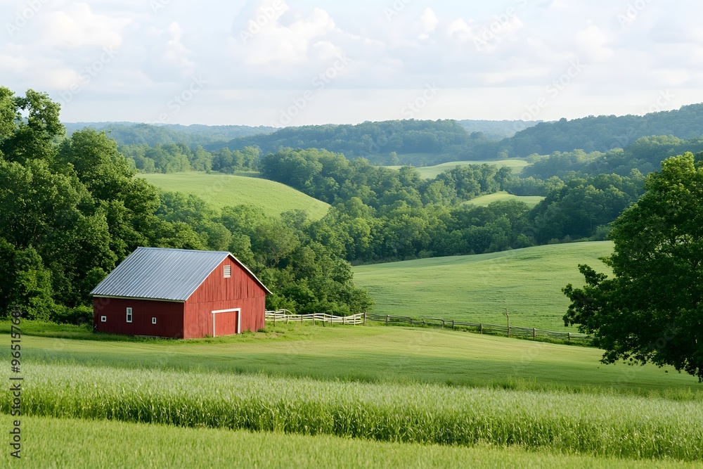 A peaceful farm landscape with rolling hills and a red barn A peaceful farm landscape with rolling hills and a red barn