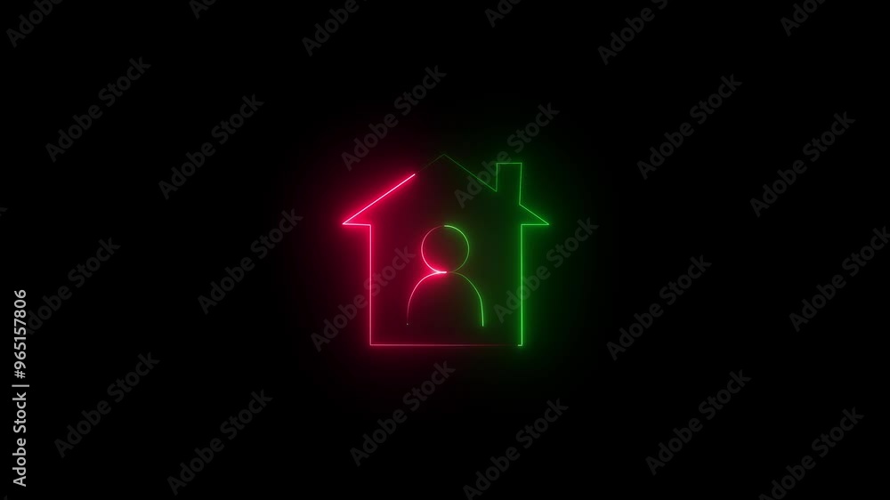 Man with home icon animated on a black background. red and green color man with home icon. Man with home icon animated on a black background. red and green color man with home icon.
