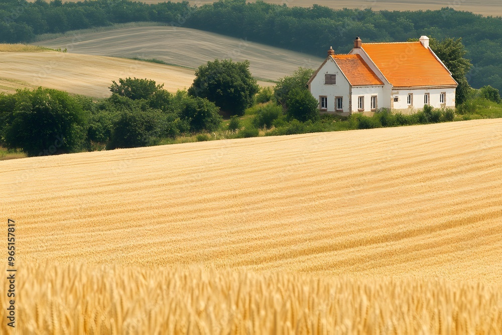 Peaceful, rural countryside with wheat fields and a farmhouse Peaceful, rural countryside with wheat fields and a farmhouse