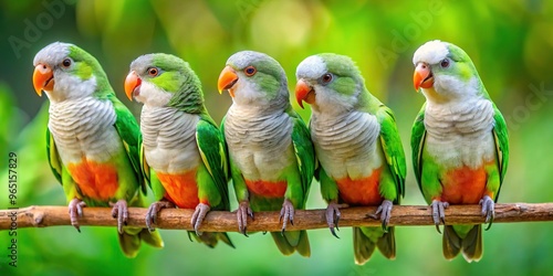 A branch is home to a pair of vibrant green Quaker parrots, their bright orange beaks and lively faces a testament to their charming nature.