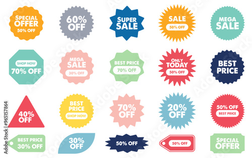 colorful sunburst price or sale sticker vintage label badge with discount text tag shopping promotion shapes announcement