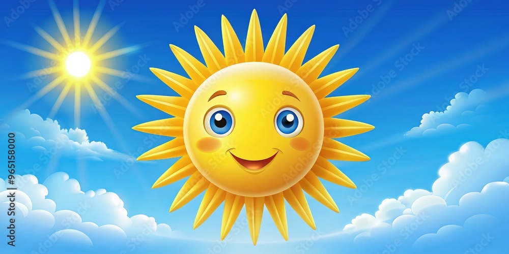 A bright yellow sun shines with beaming eyes, radiating warmth and cheerfulness, perfectly placed against a brilliant blue sky on a sunny day. A bright yellow sun shines with beaming eyes, radiating warmth and cheerfulness, perfectly placed against a brilliant blue sky on a sunny day.
