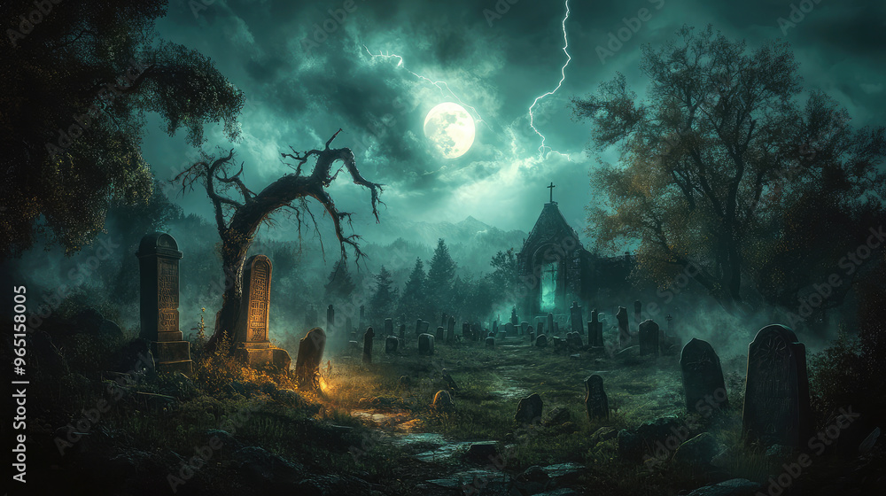 A graveyard with a large moon in the sky and a lightning bolt A graveyard with a large moon in the sky and a lightning bolt