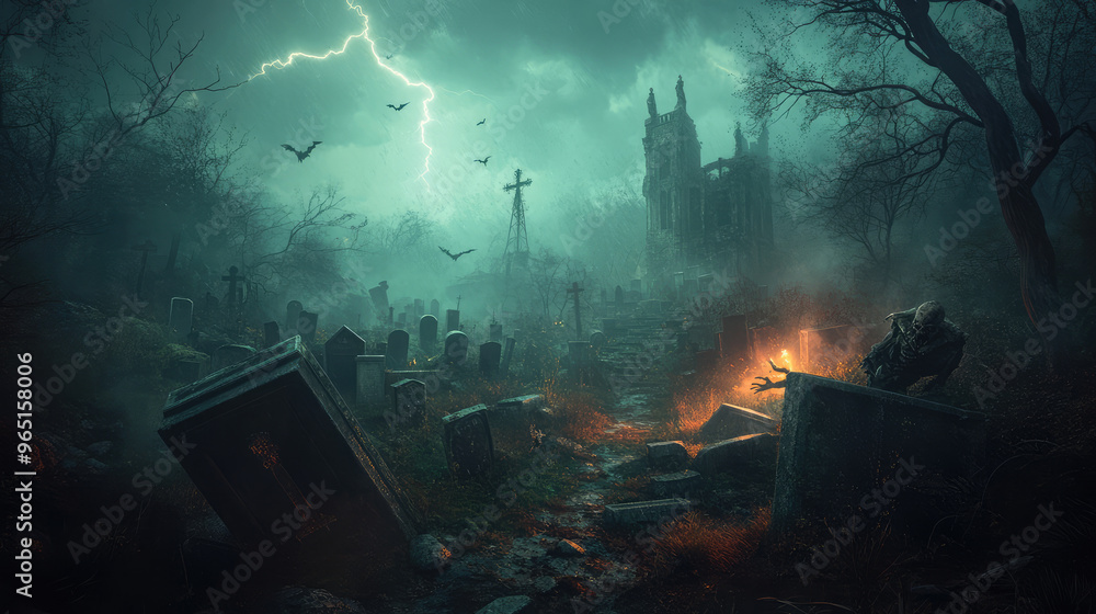 A dark and eerie scene with a church and a graveyard A dark and eerie scene with a church and a graveyard